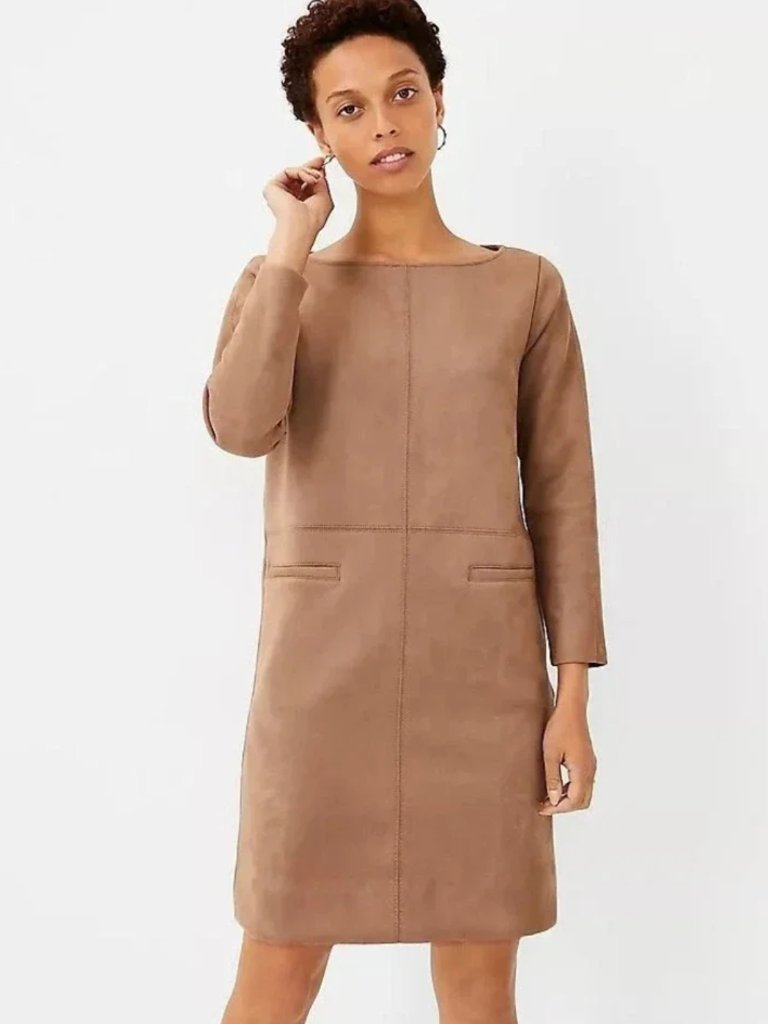 Ann Taylor Faux Suede 3/4 Sleeve Seamed Boat Neck Dress